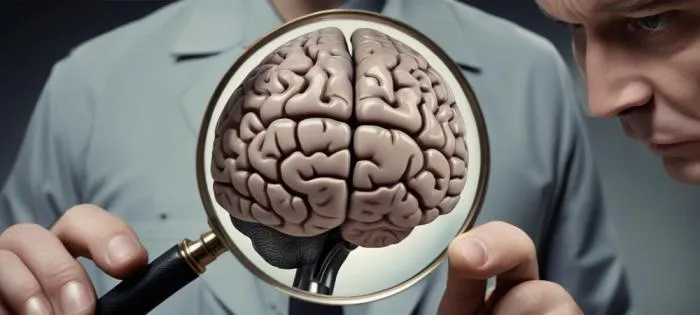 homens estudando um cerebro com uma lupa