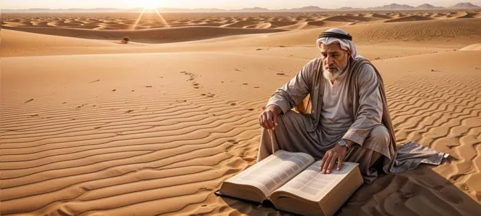 religioso arabe lendo livro sagrado no deserto